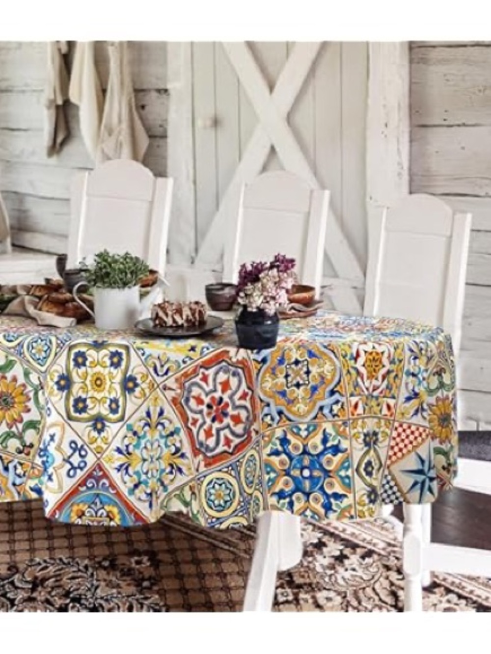 NWT! Mediterranean Tile Print Outside Tablecloth - Multicolor